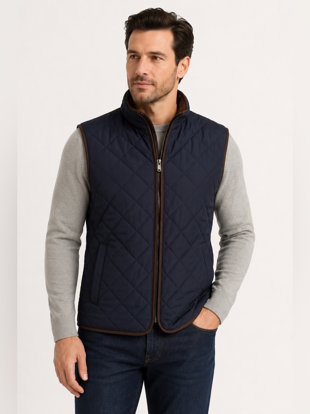 Elie Tahari Men’s XL Navy Quilted Vest Brown Trim Full Zip